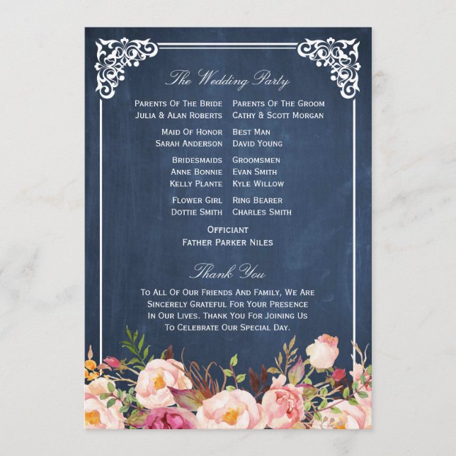 (Back) Floral Chalkboard DIY Wedding Program Fan (Front)