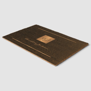 Back gold monogram name script elegant custom fiber doormat