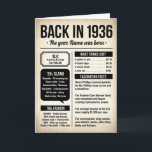 Back in 1936, 90th Birthday Card, Custom Name Card<br><div class="desc">Celebrate an 90th birthday with a nostalgic look back at 1936 — the year it all began. This personalized birthday card features fun facts and highlights from 1936, including 1930s slang, what was in style, and cost-of-living facts, all presented in a clean, timeless design. Inside, a heartfelt message reminds them...</div>