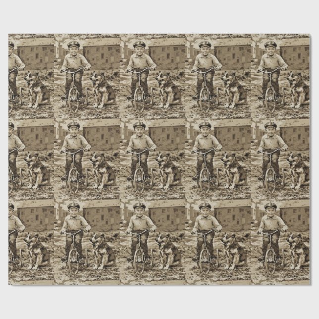 Back In The Day Boy Riding Bike With Dog Wrapping Paper (Flat)