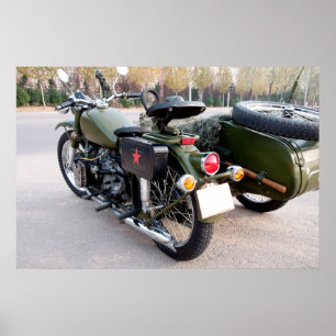 Back of 750B-2 vintage motorcycle with a sidecar Poster