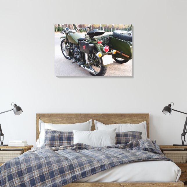 Back of a 750B-2 motorcycle with a sidecar canvas Print (Insitu(Bedroom))