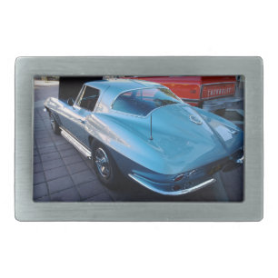 Back of a Classic Sky Blue Chevy Stingray Corvette Belt Buckle