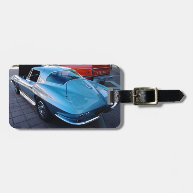 Back of a Classic Sky Blue Chevy Stingray Corvette Luggage Tag (Front Horizontal)