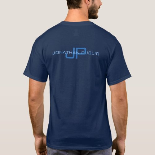 Back Print Monogram Name Mens Navy Blue Modern T_Shirt