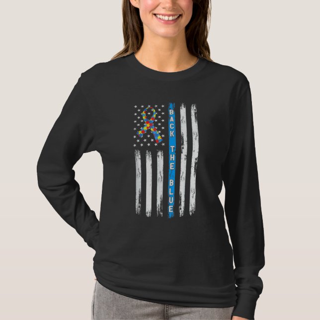 Back The Blue American Flag Ribbon Puzzle Autism A T-Shirt (Front)