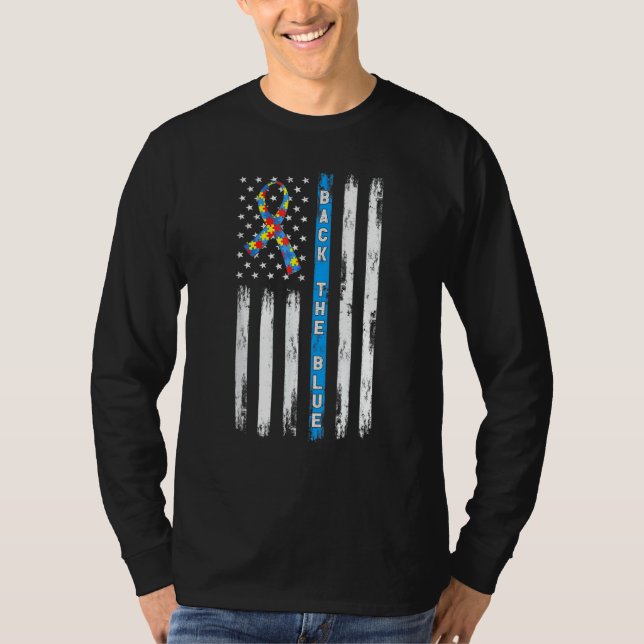 Back The Blue American Flag Ribbon Puzzle Autism A T-Shirt (Front)