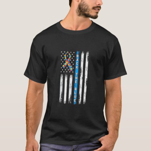 Back The Blue American Flag Ribbon Puzzle Autism A T_Shirt