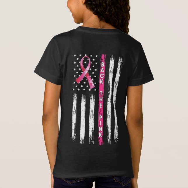Back The Pink Ribbon American Flag Breast Cancer T T-Shirt (Back)