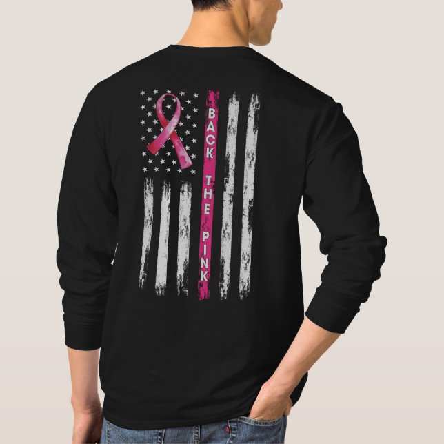 Back The Pink Ribbon American Flag Breast Cancer T T-Shirt (Back)