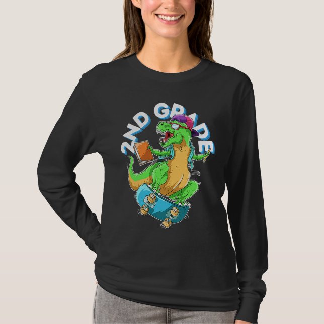 Back to School 2nd grade Dinosaur Riding Skateboar T-Shirt (Front)