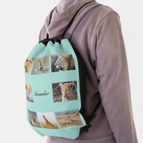 Back to school big cats photo with name tag drawstring bag