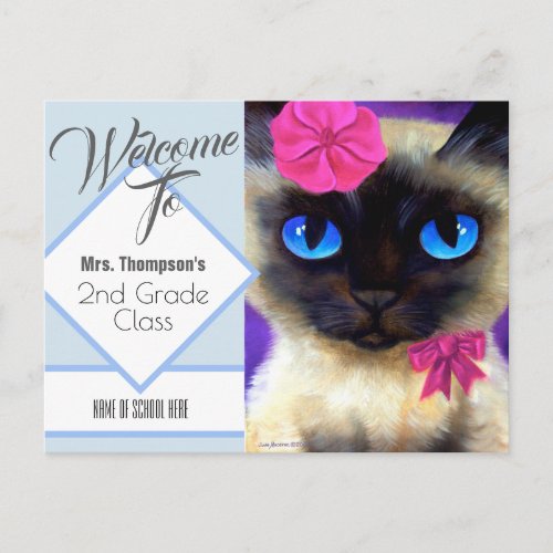 Back To School Blue Cute Siamese Cat Painting Postcard