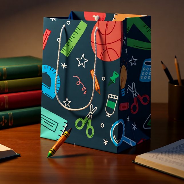 Back to School Blue School Supplies Pattern Medium Gift Bag (Back to School Blue School Supplies Pattern Medium Gift Bag)