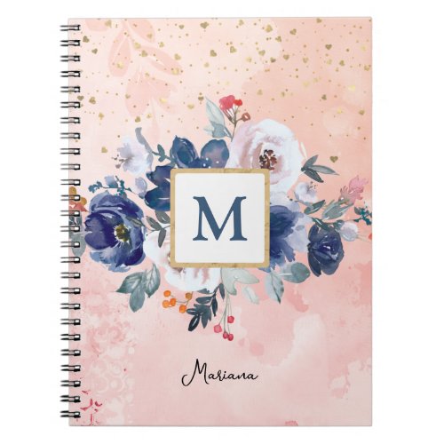 Back To School Blue Watercolor Floral Pink Girl Notebook