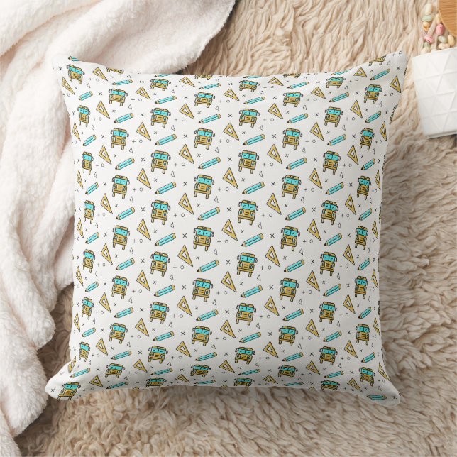 Back to School Bus & Supplies Pattern Throw Pillow (Blanket)