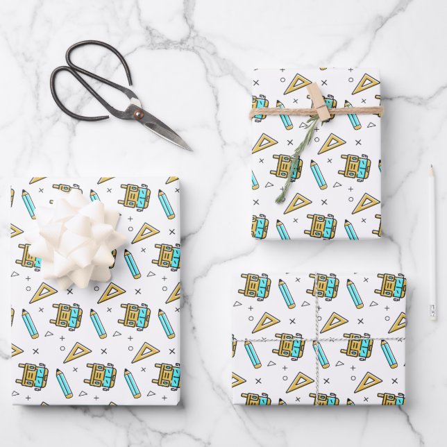 Back to School Bus & Supplies Pattern Wrapping Paper Sheets (Front)