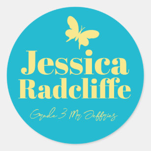 Back to school butterfly yellow aqua name id classic round sticker
