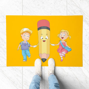 Back to School Cartoon Happy Pencil and Kids  Doormat