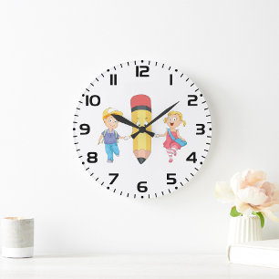 Back to School Cartoon Happy Pencil and Kids Large Clock