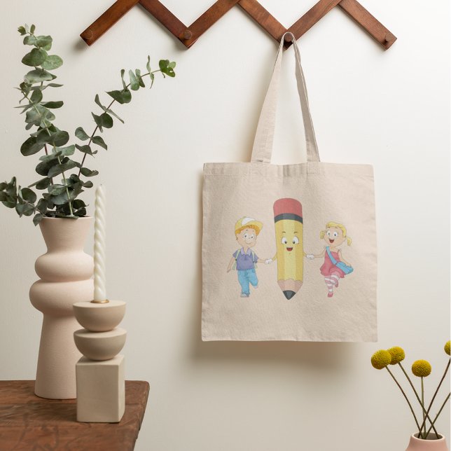 Back to School Cartoon Happy Pencil and Kids  Tote Bag (Creator Uploaded)
