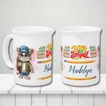 Back To School Cat Wearing Backpack Personalized Beverage Pitcher<br><div class="desc">This delightful pitcher features an endearing design of an adorable cat ready for the Back To School season. On both sides of the mug, you'll find the charming cat wearing a stylish baseball cap and cute eyeglasses that accentuate its big, lovable eyes. The cat also carries a backpack, exuding an...</div>