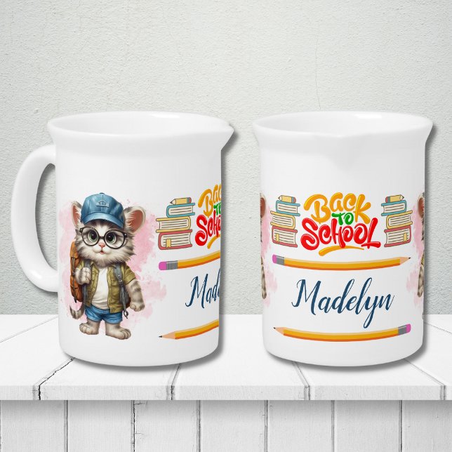 Back To School Cat Wearing Backpack Personalized Beverage Pitcher (Creator Uploaded)