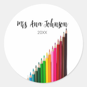 Back to school color pencils add name class year classic round sticker