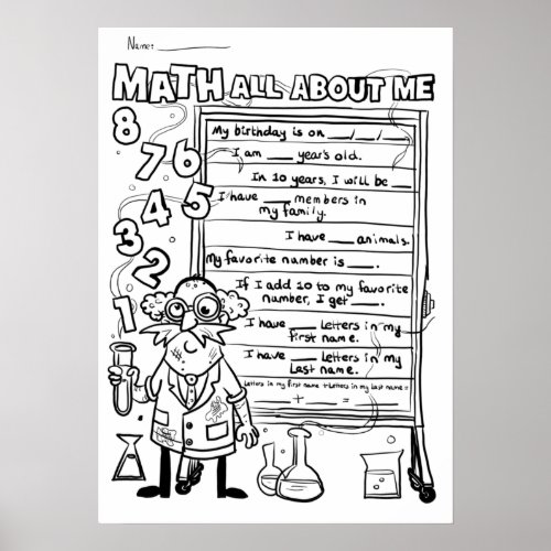 Back To School Color Your Own All About Me MATH Poster