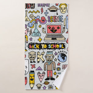 Back to school colorful doodle set. Vintage illust Bath Towel