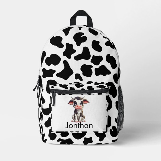 Back to School  Cow Black and White  Printed Backpack (Front)