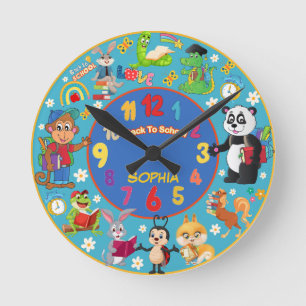 BACK TO SCHOOL CUTE ANIMALS CUSTOMIZABLE NAME ROUND CLOCK