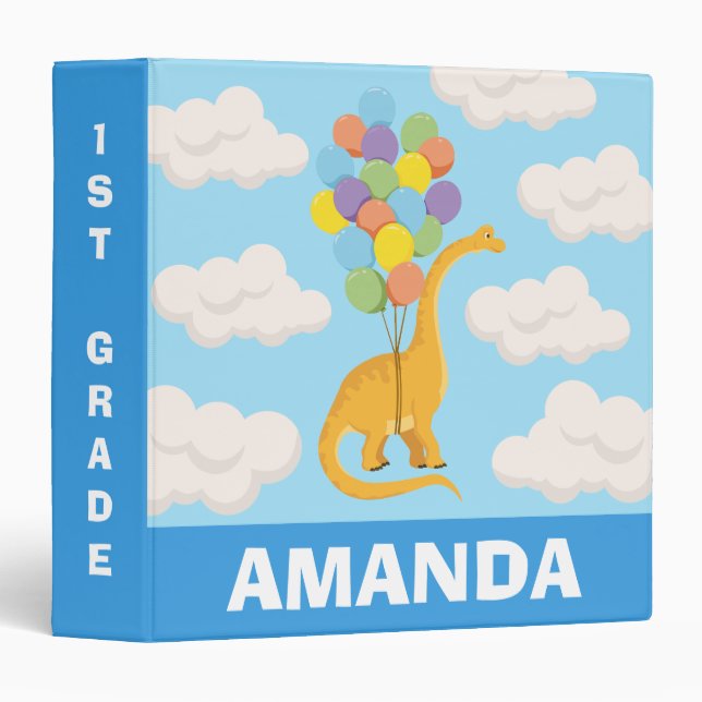 Back to School Cute Dinosaur Kindergarten Balloons 3 Ring Binder (Front/Spine)