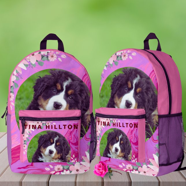  Back To School Cute Dog Pink Floral Watercolor  Printed Backpack (Creator Uploaded)