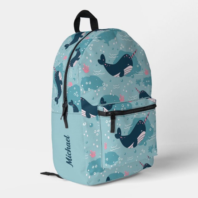 Back To School - Cute Narwhal Personalized Printed Backpack (Back Corner Left)