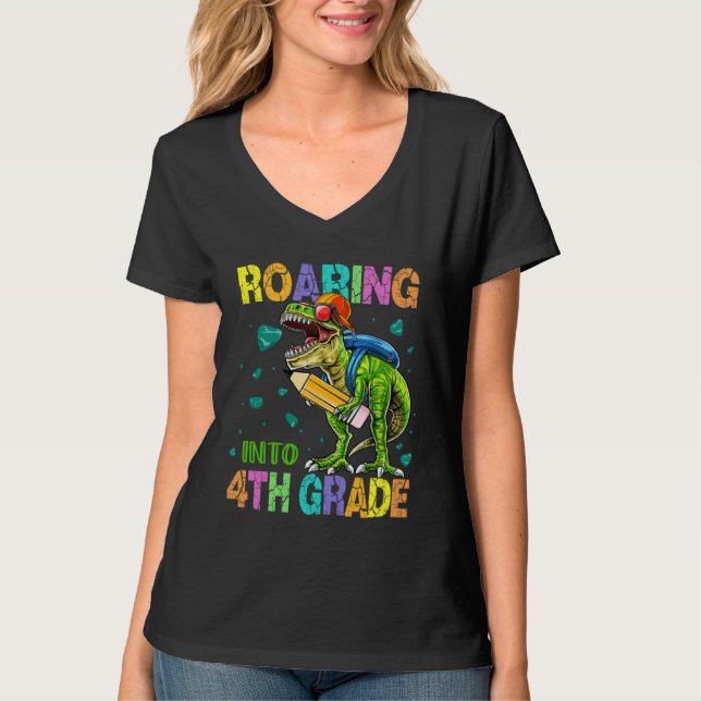 Back to School Dinosaur Rex  Roaring Into 4th Grad T-Shirt (Front)