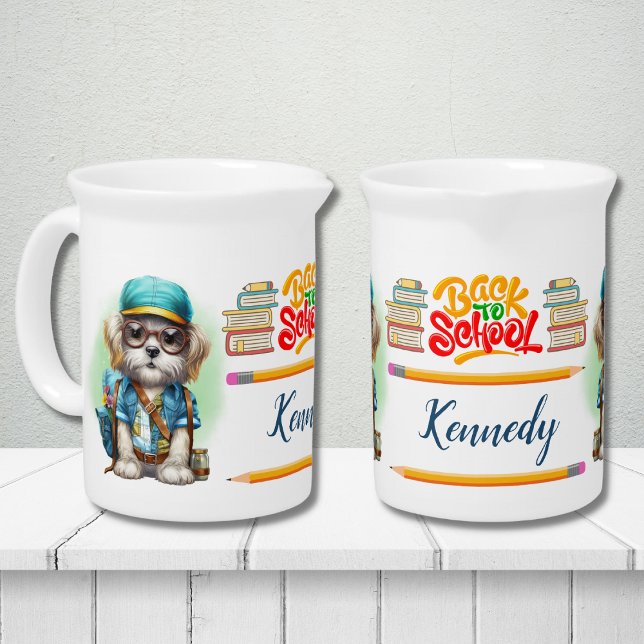 Back To School Dog Wearing Backpack Personalized Beverage Pitcher (Creator Uploaded)