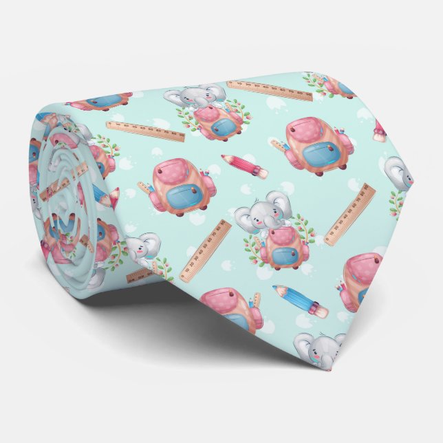 Back to School Elephant Pattern Neck Tie (Rolled)