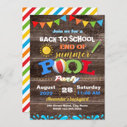 Back to School End of Summer Pool Party Invitation