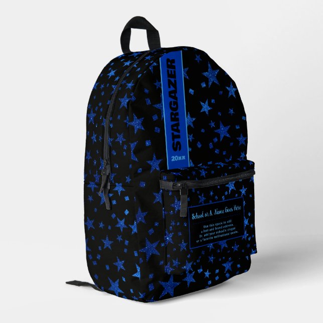 Back To School Faux Blue Glitter Starry Night Printed Backpack (Back Corner Left)