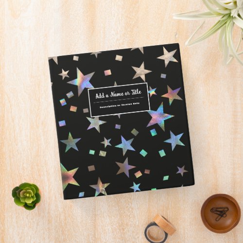 Back To School Faux Holographic Rainbow Star Black 3 Ring Binder