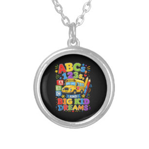 Back to School First Day Big Kid Dreams School Bus Silver Plated Necklace