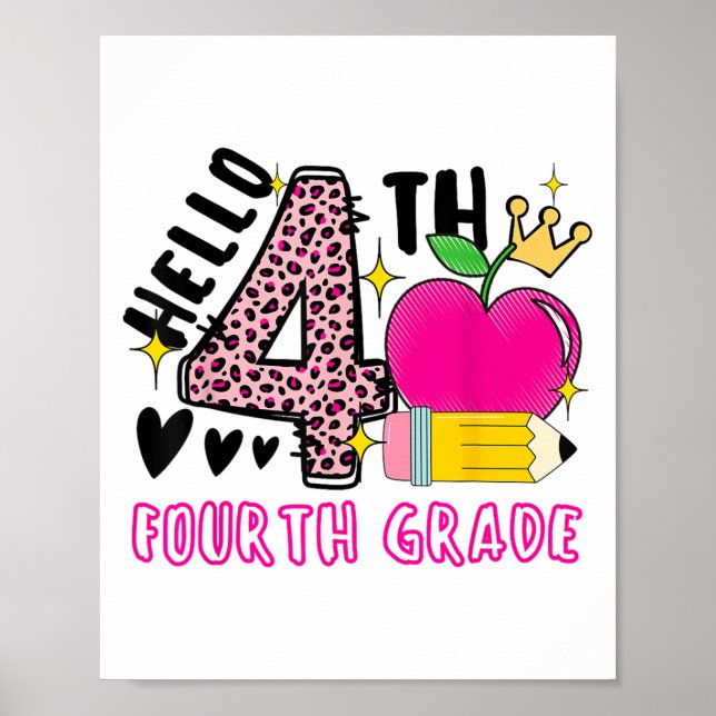 Back To School First Day Hello 4th Grade Leopard F Poster (Front)