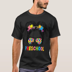 Back To School First Day Hello Preschool Messy Bun T-Shirt