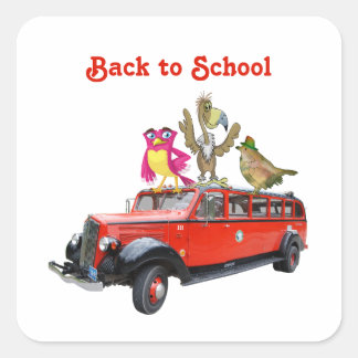 Back to School Fun Ride Cartoon Birds Riding Bus Square Sticker