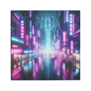Back to School Futuristic Neon Cyber City Glow Metal Print