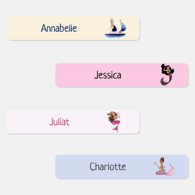 Back to school Girly Mermaid Custom Pastel Name Kids' Labels (Group)