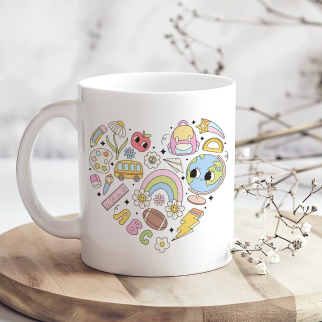 Back to School Groovy Colorful Heart Coffee Mug (Back to School Groovy Colorful Heart Coffee Mug on a boho kitchen table with tiny white flowers)