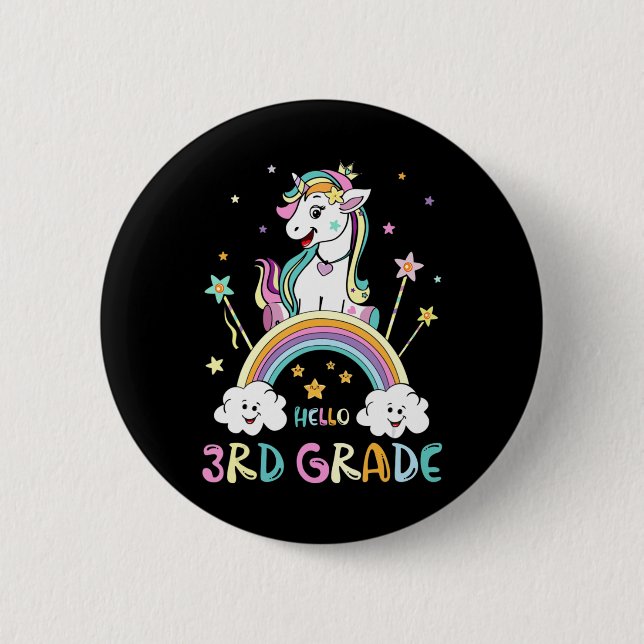 Back To School Hello 3rd Grade Rainbow Unicorn Tea Button (Front)