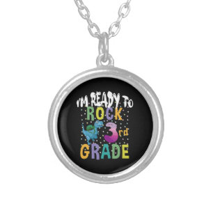 Back To School I'm Ready To Crush 3rd Grade Dino Silver Plated Necklace